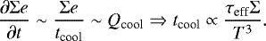 \begin{equation*}\frac{\partial\Sigma e}{\partial t}\sim \frac{\Sigma e}{t_{\textrm{cool}}} \sim Q_{\textrm{cool}} \Rightarrow t_{\textrm{cool}} \propto \frac{\tau_{\textrm{eff}}\Sigma }{T^3}. \end{equation*}