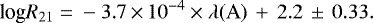 \begin{equation*}\textrm{log}{R}_{21}\;{=}\; -3.7\,{\times}\,10^{-4}\times\lambda(\textrm{A})\,&#x002B;\,2.2\,\pm\,0.33 .\end{equation*}