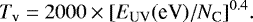 \begin{equation*}{ T_{\textrm{v}} = 2000 \times [E_{\textrm{UV}}(\textrm{eV})/N_{\textrm{C}}]^{0.4} } .\end{equation*}