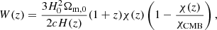 $$ \begin{aligned} W(z) = \frac{3 H_0^2 \Omega _{\rm m,0}}{2 c H(z)} (1+z) \chi (z) \left( 1 - \frac{\chi (z)}{\chi _{\rm CMB}} \right), \end{aligned} $$