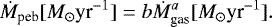 \begin{equation*}\dot{M}_{\textrm{peb}}[M_{\odot} \textrm{yr}^{-1}] = {b} \dot{M}_{\textrm{gas}}^{a}[M_{\odot} \textrm{yr}^{-1}]. \end{equation*}