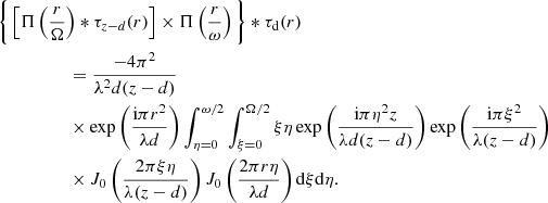 $$ \begin{aligned}&\bigg \{\left[\Pi \left(\frac{r}{\Omega }\right)*\tau _{z-d}(r) \right]\times \Pi \left(\frac{r}{\omega }\right)\bigg \} *\tau _{\rm d}(r)\nonumber \\&\qquad \qquad \quad =\frac{- 4 \pi ^2}{ \lambda ^2 d (z-d)}\nonumber \\&\qquad \qquad \quad \times \exp \left(\frac{\mathrm{i} \pi r^2}{\lambda d}\right) \int _{\eta =0}^{\omega /2}\int _{\xi =0}^{\Omega /2} \xi \eta \exp \left(\frac{\mathrm{i} \pi \eta ^2 z}{\lambda d(z-d)}\right) \exp \left( \frac{\mathrm{i} \pi \xi ^2}{\lambda (z-d)}\right) \nonumber \\&\qquad \qquad \quad \times J_0\left(\frac{2 \pi \xi \eta }{\lambda (z-d)}\right) J_0\left(\frac{2 \pi r \eta }{\lambda d}\right)\mathrm{d}\xi \mathrm{d}\eta . \end{aligned} $$