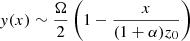 $$ \begin{aligned} { y}(x) \sim \frac{\Omega }{2}\left(1-\frac{x}{(1+\alpha ) z_0}\right) \end{aligned} $$