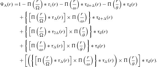 $$ \begin{aligned} \Psi _{\rm A}(r) =&1-\Pi \left(\frac{r}{\Omega }\right)*\tau _{z}(r)-\Pi \left(\frac{r}{\omega }\right)*\tau _{\rm d+\Delta }(r) -\Pi \left(\frac{r}{\theta }\right)*\tau _{\rm d}(r) \nonumber \\& +\bigg \{\left[\Pi \left(\frac{r}{\Omega }\right)*\tau _{\Delta }(r) \right] \times \Pi \left(\frac{r}{\omega }\right)\bigg \} *\tau _{\rm d+\Delta }(r)\nonumber \\& +\bigg \{\left[\Pi \left(\frac{r}{\Omega }\right)*\tau _{2 \Delta }(r) \right] \times \Pi \left(\frac{r}{\theta }\right)\bigg \}*\tau _{\rm d}(r)\nonumber \\& +\bigg \{\left[\Pi \left(\frac{r}{\omega }\right)*\tau _{\Delta }(r)\right]\times \Pi \left(\frac{r}{\theta }\right)\bigg \} *\tau _{\rm d}(r)\nonumber \\& +\left[\Bigg ( \bigg \{\left[\Pi \left(\frac{r}{\Omega }\right)*\tau _{\Delta }(r) \right]\times \Pi \left(\frac{r}{\omega }\right)\bigg \} *\tau _{\Delta }(r)\Bigg ) \times \Pi \left(\frac{r}{\theta }\right)\right]*\tau _{\rm d}(r). \end{aligned} $$