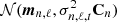 $ \mathcal{N}(\boldsymbol m_{n,\ell},\sigma_{n,\ell,t}^2\mathbf{C}_n) $