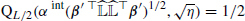 $ \text{Q}_{L/2}( \alpha^{\text{ int}}({\boldsymbol{\beta}}^{\prime}\, {^{{\top}}}\widehat{\mathbb{L}}\widehat{\mathbb{L}}{^{{\top}}}{{\boldsymbol{\beta}}^{\prime}})^{1/2} ,\sqrt{\eta})=1/2 $