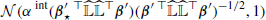 $ \mathcal{N}(\alpha^{\text{ int}}({\boldsymbol{\beta}}^\prime_{\star}\,{^{{\top}}}\widehat{\mathbb{L}}\widehat{\mathbb{L}}{^{{\top}}}{{\boldsymbol{\beta}}^{\prime}})({\boldsymbol{\beta}}^{\prime}\, {^{{\top}}}\widehat{\mathbb{L}}\widehat{\mathbb{L}}{^{{\top}}}{{\boldsymbol{\beta}}^{\prime}})^{-1/2},1) $