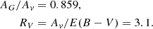 $$ \begin{aligned} A_G/A_v&=0.859, \nonumber \\ R_V&=A_v/E(B-V)=3.1. \end{aligned} $$