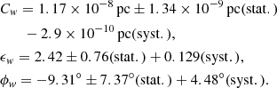 $$ \begin{aligned}&C_w=1.17\times 10^{-8}\, \mathrm{pc} \pm 1.34\times 10^{-9}\, \mathrm{pc} (\mathrm{stat}.) \nonumber \\&\qquad - 2.9\times 10^{-10}\, \mathrm{pc} (\mathrm{syst}.), \nonumber \\&\epsilon _w=2.42\pm 0.76(\mathrm{stat}.) + 0.129 (\mathrm{syst}.), \\&\phi _w={-9.31}^{\circ }\pm {7.37}^{\circ } (\mathrm{stat}.) +{4.48}^{\circ } (\mathrm{syst}.). \nonumber \end{aligned} $$