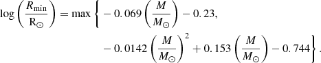 $$ \begin{aligned} \begin{aligned} \log { \left( \frac{R_{\mathrm{min}}}{\mathrm{R}_\odot } \right)} = \max \bigg \{&-0.069 \left( \frac{M}{{M}_\odot } \right) - 0.23, \\&-0.0142 \left( \frac{M}{{M}_\odot } \right) ^2 + 0.153 \left( \frac{M}{{M}_\odot } \right) - 0.744 \bigg \} \, {.} \end{aligned} \end{aligned} $$