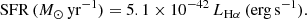 $$ \begin{aligned} \mathrm{SFR}\,(M_{\odot }\,\mathrm{yr}^{-1}) = 5.1 \times 10^{-42} \, L_{\rm H\alpha } \, (\mathrm{erg\,s}^{-1}). \end{aligned} $$