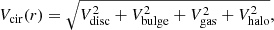 $$ \begin{aligned} V_{\rm cir} (r)= \sqrt{V_{\rm disc}^{2} + V_{\rm bulge}^{2} + V_{\rm gas}^{2} + V_{\rm halo}^{2}} , \end{aligned} $$