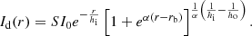 $$ \begin{aligned} I_{\rm d}(r) = S I_0 e^{-\frac{r}{h_{\rm i}}}\left[ 1 + e^{\alpha (r-r_{\mathrm{b} })} \right]^{\frac{1}{\alpha }\left(\frac{1}{h_{\rm i}}-\frac{1}{h_{\rm o}}\right)}. \end{aligned} $$