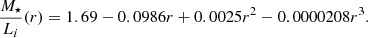$$ \begin{aligned} \frac{M_{\star }}{L_{i}} (r) = 1.69 - 0.0986 r + 0.0025 r^{2} - 0.0000208 r^{3}. \end{aligned} $$