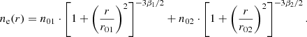$$ \begin{aligned} n_{\rm e}(r) = n_{01}\cdot \left[1+\left(\frac{r}{r_{01}}\right)^2\right]^{-3\beta _1 /2} + n_{02}\cdot \left[1+\left(\frac{r}{r_{02}}\right)^2\right]^{-3\beta _2 /2}. \end{aligned} $$