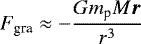 \begin{equation*} F_{\textrm{gra}} \approx -\frac{Gm_{\textrm{p}}M\vec{r}}{r^3} \end{equation*}