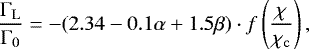 \begin{equation*}\frac{\Gamma_{\mathrm{L}}}{\Gamma_0} = -(2.34 - 0.1\alpha+1.5\beta) \cdot f\left(\frac{\chi}{\chi_{\mathrm{c}}}\right) ,\end{equation*}