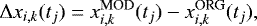 \begin{equation*}\Delta x_{i,k}(t_{j}) = x_{i,k}^{\textrm{MOD}}(t_{j}) - x_{i,k}^{\textrm{ORG}}(t_{j}), \end{equation*}