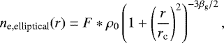 \begin{equation*}n_{\textrm{e,elliptical}}(r)=F*\rho_0 \left(1+\left(\frac{r}{r_{\textrm{c}}}\right)^2\right)^{-3\beta_{\textrm{g}}/2}, \end{equation*}