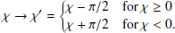 $$ \begin{aligned} \chi \rightarrow \chi ^{\prime } = {\left\{ \begin{array}{ll} \chi - \pi /2&\mathrm{for} \ \chi \ge 0 \\ \chi + \pi /2&\mathrm{for} \ \chi < 0. \end{array}\right.} \end{aligned} $$
