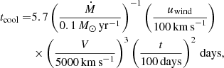 $$ \begin{aligned} t_{\rm cool} =&5.7 \left({\dot{M} \over 0.1\,M_\odot \,\mathrm{yr}^{-1}}\right)^{-1} \left({u_{\rm wind} \over 100\,\mathrm{km\,s}^{-1}}\right) \nonumber \\&\times \left( {V \over 5000\,\mathrm{km\,s}^{-1}}\right)^{3} \left( {t \over 100\,\mathrm{days}}\right)^{2}\,\mathrm{days}, \end{aligned} $$