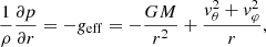 $$ \begin{aligned} \frac{1}{\rho }\frac{\partial {p}}{\partial {r}} = -g_{\rm eff} = -\frac{GM}{r^2} + \frac{{ v}_\theta ^2+{ v}_\varphi ^2}{r}, \end{aligned} $$