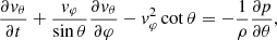$$ \begin{aligned} \displaystyle \frac{\partial { v}_\theta }{\partial {t}} + \frac{{ v}_\varphi }{\sin \theta } \frac{\partial { v}_\theta }{\partial \varphi } - { v}_\varphi ^2 \cot \theta = -\frac{1}{\rho } \frac{\partial {p}}{\partial \theta }, \end{aligned} $$