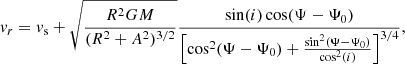 $$ \begin{aligned} { v}_r = { v}_{\rm s} + \sqrt{\frac{R^2 G M}{(R^2 + A^2)^{3/2}}} \frac{\sin (i) \cos (\Psi - \Psi _0)}{\left[\cos ^2(\Psi - \Psi _0) + \frac{\sin ^2(\Psi - \Psi _0)}{\cos ^2(i)}\right]^{3/4}}, \end{aligned} $$