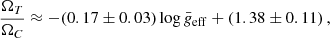 $$ \begin{aligned} \frac{\Omega _{T}}{\Omega _{C}} \approx -(0.17 \pm 0.03) \log \bar{g}_{\rm eff} + (1.38 \pm 0.11) \,, \end{aligned} $$