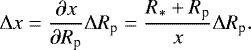 \begin{equation*} \Delta x = \frac{\partial x}{\partial R_{\textrm{p}}}\Delta R_{\textrm{p}} = \frac{R_{*}&#x002B;R_{\textrm{p}}}{x} \Delta R_{\textrm{p}}.\end{equation*}