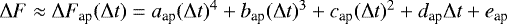 $ \Delta F \approx \Delta F_{\textrm{ap}}(\Delta t) = a_{\textrm{ap}} (\Delta t) ^ {4} &#x002B; b_{\textrm{ap}} (\Delta t) ^ {3} &#x002B; c_{\textrm{ap}} (\Delta t) ^ {2} &#x002B; d_{\textrm{ap}} \Delta t &#x002B; e_{\textrm{ap}}$