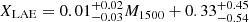 $ X_{\mathrm{LAE}} = 0.01^{+0.02}_{-0.03}M_{1500} +0.33^{+0.45}_{-0.54} $