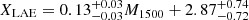 $ X_{\mathrm{LAE}} = 0.13^{+0.03}_{-0.03}M_{1500} +2.87^{+0.74}_{-0.72} $