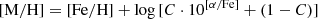 $$ \begin{aligned}&\mathrm{[M/H]} = \mathrm{[Fe/H]} + \log {[C\cdot 10^{[\alpha /\mathrm{Fe}]} + (1-C)]} \end{aligned} $$