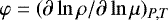 $\varphi = (\partial \ln \rho / \partial \ln \mu)_{P,T}$