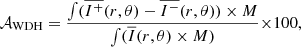 $$ \begin{aligned} \mathcal{A} _{\rm WDH} = \frac{\int (\overline{I^+}(r,\theta ) - \overline{I^-}(r,\theta ) )\times M}{\int (\overline{I}(r,\theta ) \times M)} {\times } 100, \end{aligned} $$