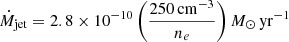 $$ \begin{aligned} \dot{M}_{\rm jet} = 2.8\times 10^{-10} \left(\frac{250\,\mathrm{cm}^{-3}}{n_e}\right) M_{\odot }\,\mathrm{yr}^{-1} \end{aligned} $$