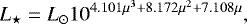 \begin{equation*} {L_{\star}} = L_{\odot} 10^{4.101 \mu^3 &#x002B; 8.172 \mu^2 &#x002B; 7.108 \mu},\end{equation*}