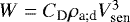 $W = {C_{\textrm{D}}} \rho_{\textrm{a}; \textrm{d}} V_{\textrm{sen}}^3$