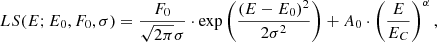 $$ \begin{aligned} LS(E;E_0,F_0,\sigma ) = \frac{F_0}{\sqrt{2\pi }\sigma }\cdot \mathrm{exp} \left(\frac{(E-E_0)^2}{2\sigma ^2}\right) + A_0\cdot \left(\frac{E}{E_C}\right)^{\alpha } , \end{aligned} $$