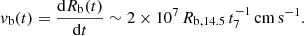 $$ \begin{aligned} v_{\rm b} (t)=\frac{\mathrm{d}R_{\rm b}(t)}{\mathrm{d}t}\sim 2\times 10^7\,R_{\rm b,14.5}\,t_7^{-1}\,\mathrm{cm\,s}^{-1}. \end{aligned} $$
