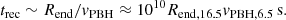 $$ \begin{aligned} t_{\rm rec} \sim R_{\rm end}/v_{\rm PBH} \approx 10^{10} R_{\rm end,16.5} v_{\rm PBH,6.5}\,\mathrm{s}. \end{aligned} $$