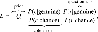 \begin{equation*}L = \overbrace{Q}^{\text{prior}} \underbrace{\frac{P(c|\textrm{genuine})}{P(c|\textrm{chance})}}_{\text{colour term}} \overbrace{\frac{P(r|\textrm{genuine})}{P(r|\textrm{chance})}}^{\text{separation term}}, \end{equation*}