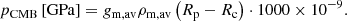 $$ \begin{aligned} p_{\rm CMB}\left[\mathrm{GPa}\right] = g_{\rm m,av} \rho _{\rm m,av} \left( R_{\rm p} - R_{\rm c} \right)\cdot 1000 \times 10^{-9}. \end{aligned} $$