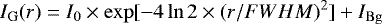 \begin{equation*} I_{\rm{G}}(r) = I_{\rm{0}} \times \exp[-4\ln2 \times (r/FWHM)^2] &#x002B; I_{\rm{Bg}} \end{equation*}