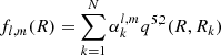 $$ \begin{aligned} f_{l,m}(R)=\sum _{k=1}^N \alpha _k^{l,m} q^{5,2}(R,R_k) \end{aligned} $$