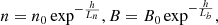 $$ \begin{aligned} n = n_0 \exp ^{-\frac{h}{L_{n}}}, B = B_0 \exp ^{-\frac{h}{L_{b}}}, \end{aligned} $$