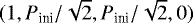 $(1,{P_{\text{ini}}}/{\sqrt{2}},{P_{\text{ini}}}/{\sqrt{2}},0)$