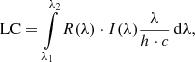 Mathematical equation: $$ \begin{aligned} \mathrm{LC} = \int \limits _{\lambda _1}^{\lambda _2} R(\lambda ) \cdot I(\lambda ) \frac{\lambda }{h\cdot c} \, \mathrm{d}\lambda , \end{aligned} $$
