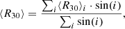 Mathematical equation: $$ \begin{aligned} \langle R_{30}\rangle =\frac{\sum _{i}\langle R_{30}\rangle _{i}\cdot \mathrm{sin} (i)}{\sum _{i}\mathrm{sin} (i)}, \end{aligned} $$